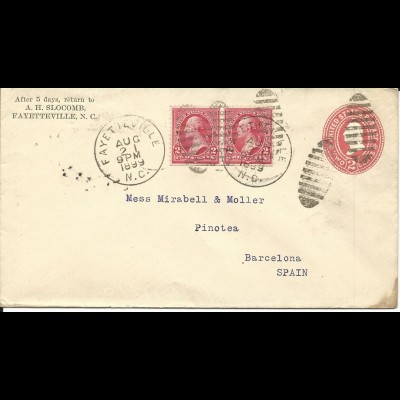 USA 1899, pair 2C. on 2 C. stationery envelope from FAYETTEVILLE N.C. to Spain.
