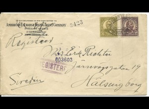 USA 1927, 8+12 C. on registered cover from NY to Sweden