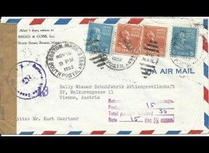 USA 1950, 4 stamps C. on returned underpaid airmail cover from Boston to Austria