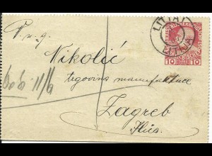 Österreich 1909, K2 LITTAI LITIJA klar auf 10 H. Kartenbrief n. Zagreb
