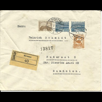 Österreich 1934, 5+10+ Paar 50 Gr. auf Einschreiben Brief v. Reutte n. Rumänien