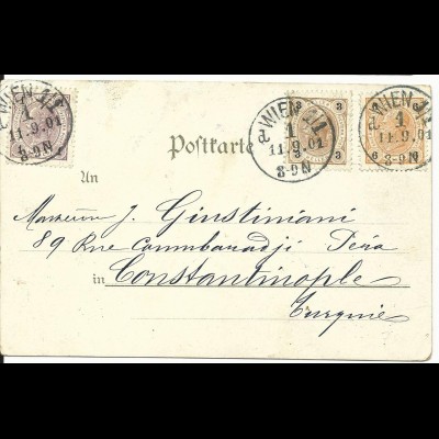 Österreich 1901, 1+3+6 H. Buntfrankatur auf AK v. Wien n. Constantinople