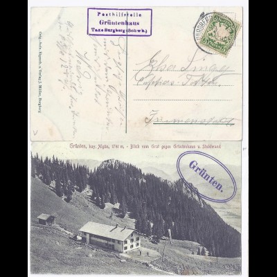 Bayern 1910, AK u. R3 Posthilfstelle Grüntenhaus Taxe Burgberg. #2119