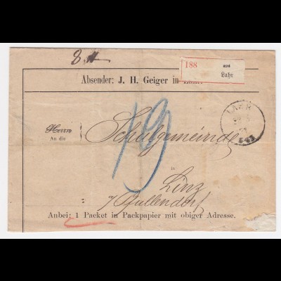 DR 1873, "aus Lahr", Baden-Zettel auf Paket Begleit Brief n. Pfullendorf. #2110
