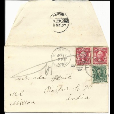 USA 1907, 1+2x2 C. on cover from Indianola to a missionary adress in India