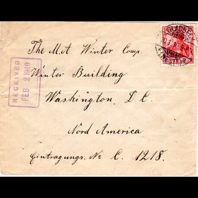 DR 1910, EF 10 Pf. auf Brief v. Gladbeck n. USA. Sogenannter "Schnellster Weg" 