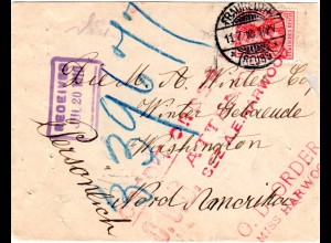 DR 1910, EF 10 Pf. auf Brief v. Fraureuth n. USA. Sogenannter Schnellster Weg.