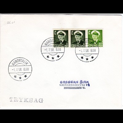 Grönland 1958, Paar 1 Kr.+10 öre auf Brief m. Stpl. NANORTALIK