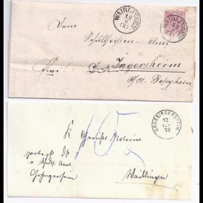 Württemberg 1878, K1 Waiblingen u Grossingersheim auf 2x verw. Porto Brief. #505
