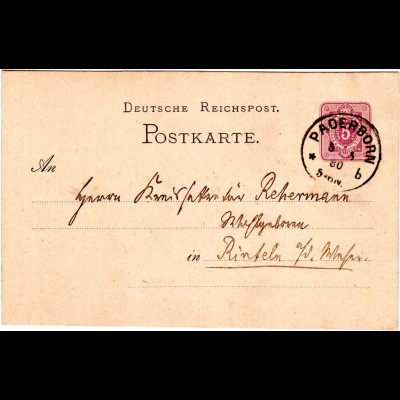 DR 1880, Klaucke Nr.122 PADERBORN b klar auf 5 Pf. Ganzsache n. Rinteln