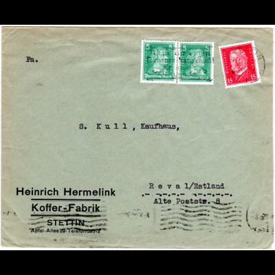 DR 1928, 15+2x5 Pf. auf Firmen Brief v. Stettin n. Estland.