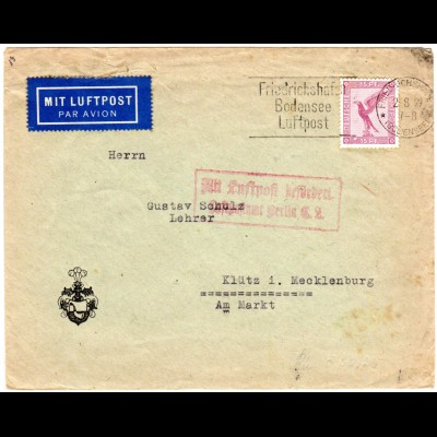 DR 1929, 15 Pf. auf Luftpost Brief v. Friedrichshafen via Berlin n. Mecklenburg