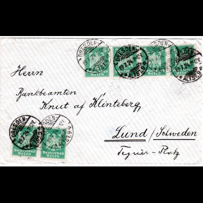 DR 1924, MeF 6x5 Pf. portorichtig auf Brief v. Dresden n. Schweden
