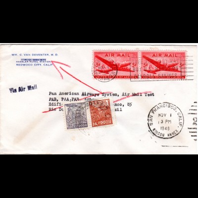 Brasilien 1946, 2 Marken als Nachsendefrankatur auf US Luftpost Brief 