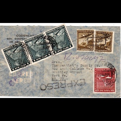 Chile 1953, 6 Marken auf Luftpost Einschreiben Express Brief v. Santiago n. USA