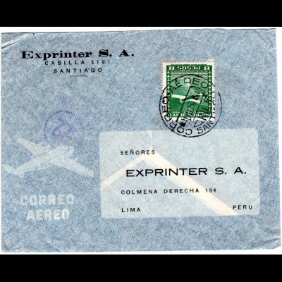 Chile 1954, EF 8 P. auf Luftpost Brief v. Santiago n. Peru