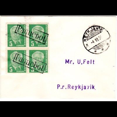 DDR 1956, 4er-Block 5 Pf. auf Paquebot Schiffspost Brief n. Reykjvik, Island
