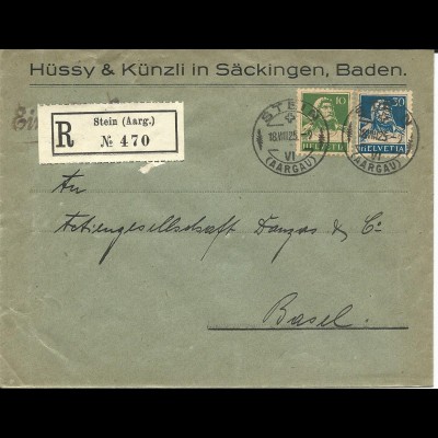 Schweiz 1925, 10+30 C. Tell auf Einschreiben Brief v. STEIN (Aargau)