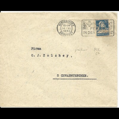 Schweiz 1930, 30 C. Tell m. perfin Firmenlochung auf Brief v. Winterthur