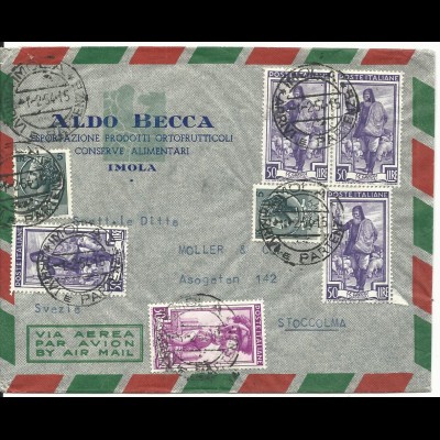 Italien 1954, 7 Marken auf attraktivem Luftpost Brief v. Imola n. Schweden