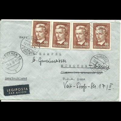 Ungarn, MeF 4x40 F. Petöfi Sandor auf Luftpost Brief v. Budapest n. Deutschland