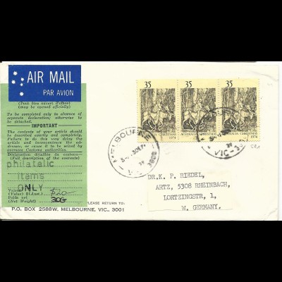 Australien 1974, MeF 3x35 C. Weihnachtmarken auf Luftpost Brief n. Deutschland