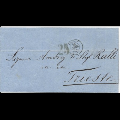 Griechenland 1868, K2 ATHINAI auf Brief n. Triest m. Österreich Porto Stpl. "25"