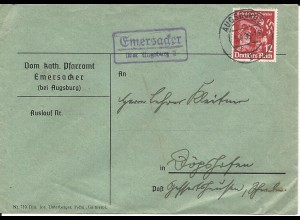DR 1936, Landpost Stpl. Emersacker über Augsburg 2 auf Pfarramt Brief m. 12 Pf.