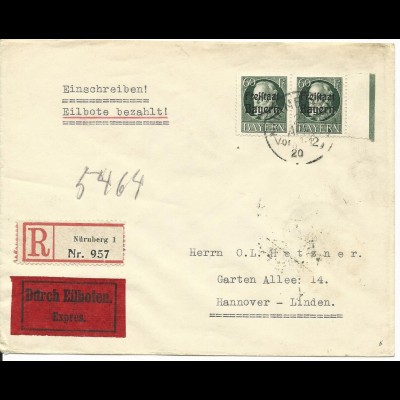 Bayern 162A, Randpaar 60 Pf. auf Eilboten Reko Brief v. Nürnberg n. Hannover.
