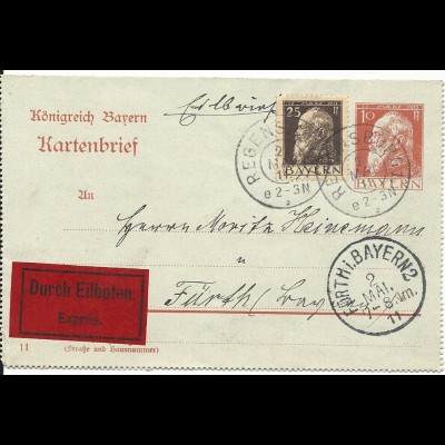 Bayern 1911, 25 Pf. Zusatzfr. auf 10 Pf. Kartenbrief per Eilboten v. Regensburg