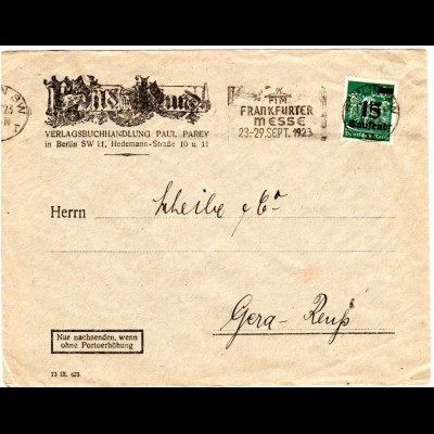 DR 1923, 15 T./40 Mk. m. perfin Firmenlochung auf Brief v. Berlin
