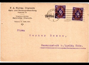 DR 1923, 2x20 Mk. m. perfin Firmenlochung auf Karte v.Chemnitz