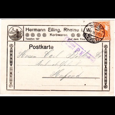 DR 1918, 7 1/2 Pf. auf Werbung Reklame Karte v. Rheine. Zensur