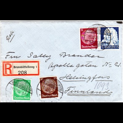 DR 1936, 25 Pf. Händel +5+10+15 Pf. auf Einschreiben Brief v. Brunsbüttelkoog