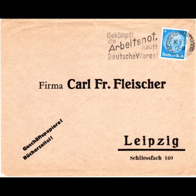 DR 1933, Maschinenstpl. Hirschberg Riesengebirge auf Brief m. EF 4 Pf.