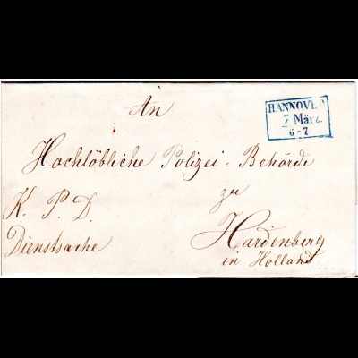 R3 Hannover in blau auf portofreiem Auslands Brief n. Hardenberg, NL