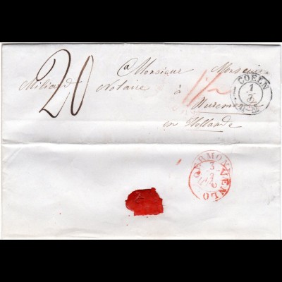 Preussen 1847, K2 COELN auf Porto Brief n. Roermonde, NL
