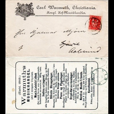 Norwegen 1891, 10 öre auf Reklame Brief C. Warmuth Musik Handel, Christiania