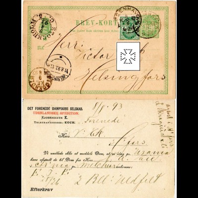 Dänemark 1893, 5 öre m. perfin auf 5 öre Ganzsache v. Kopenhagen n. Finnland