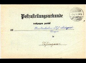 DR 1914, Post Zustellungs Urkunde m. Stpl. ESCHBACH (Kr. Usingen)