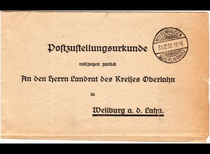 DR 1930, Post Zustellungs Urkunde m. Stpl. WOLFENHAUSEN (Oberlahnkr) n. Weilburg
