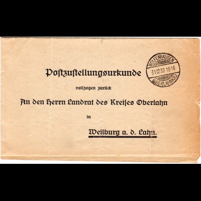 DR 1930, Post Zustellungs Urkunde m. Stpl. WOLFENHAUSEN (Oberlahnkr) n. Weilburg