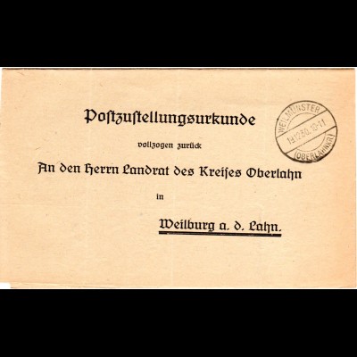 DR 1930, Post Zustellungs Urkunde m. Stpl. WEILMÜNSTER (Oberlahnkr.) n. Weilburg