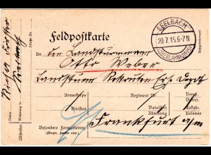 DR 1915, Feldpost Karte m. Stpl. SEELBACH (Oberlahnkr.) 