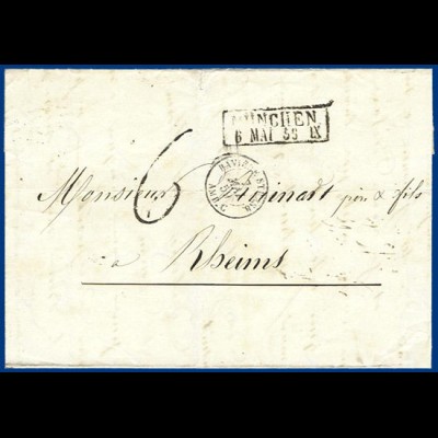 Bayern 1859, R2 München auf Brief m. Frankreich Bahnpost u. Porto Stempel. #1476