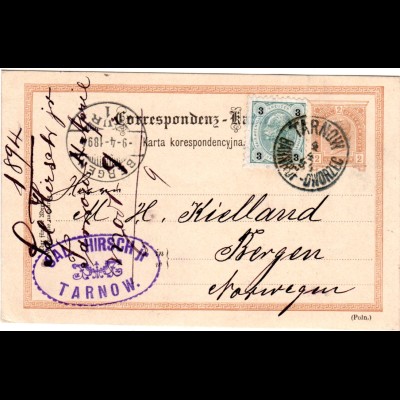 Österreich Polen 1894, 3 Kr. Zusatzfr. auf 2 Kr. Ganzsache v. TARNOW n. Norwegen