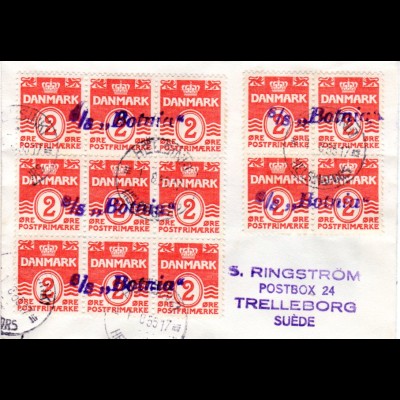 Dänemark 1955, 13x2öre auf Schiffspost Brief S/S Botnia u. Helsinki Stpl.