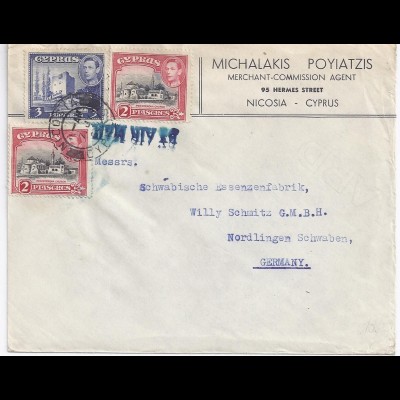 Zypern Cyprus 1950, Luftpost airmail Firmen Brief m. 3 Marken n. Deutschland.#10