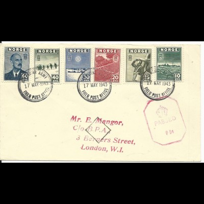 Norwegen 1943, 6 Marken auf Zensur Brief NORWEGIAN ARMY FIELD POST OFFICE in GB