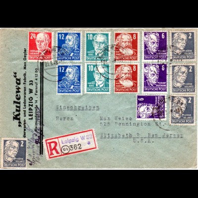 SBZ 1949, 14 Marken auf portorichtigem Einschreiben Brief v. 10b Leipzig n. USA